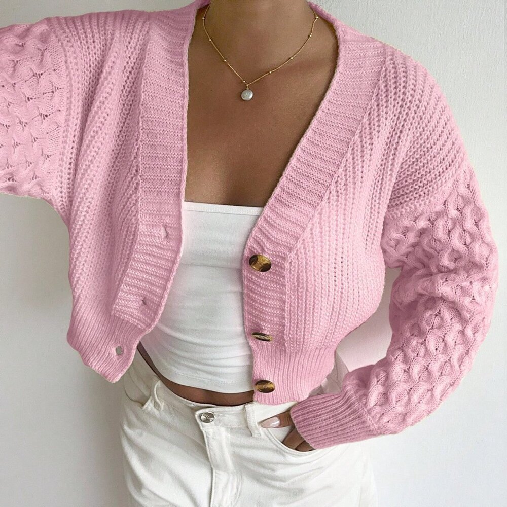 Baby Pink Casual Women's Textured Short Cardigan